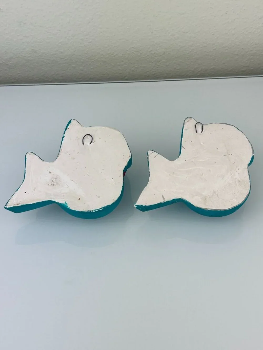 Vintage MCM Teal Chalkware Birds Wall Art Hanging Blue Eyelashes Red Lips Kitsch